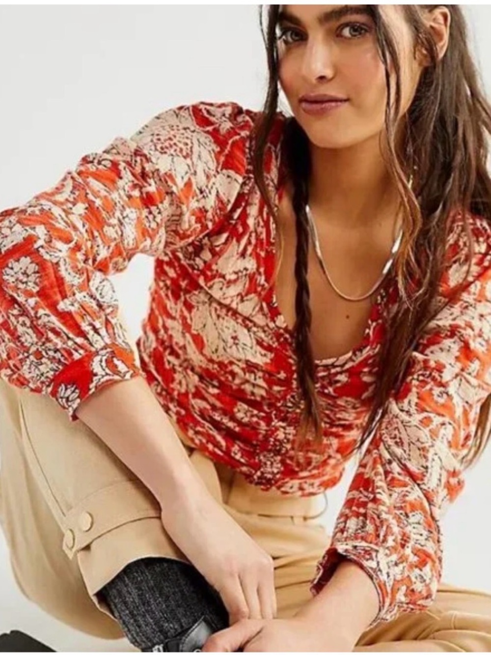 Women's Red Floral Print Long-Sleeve Top